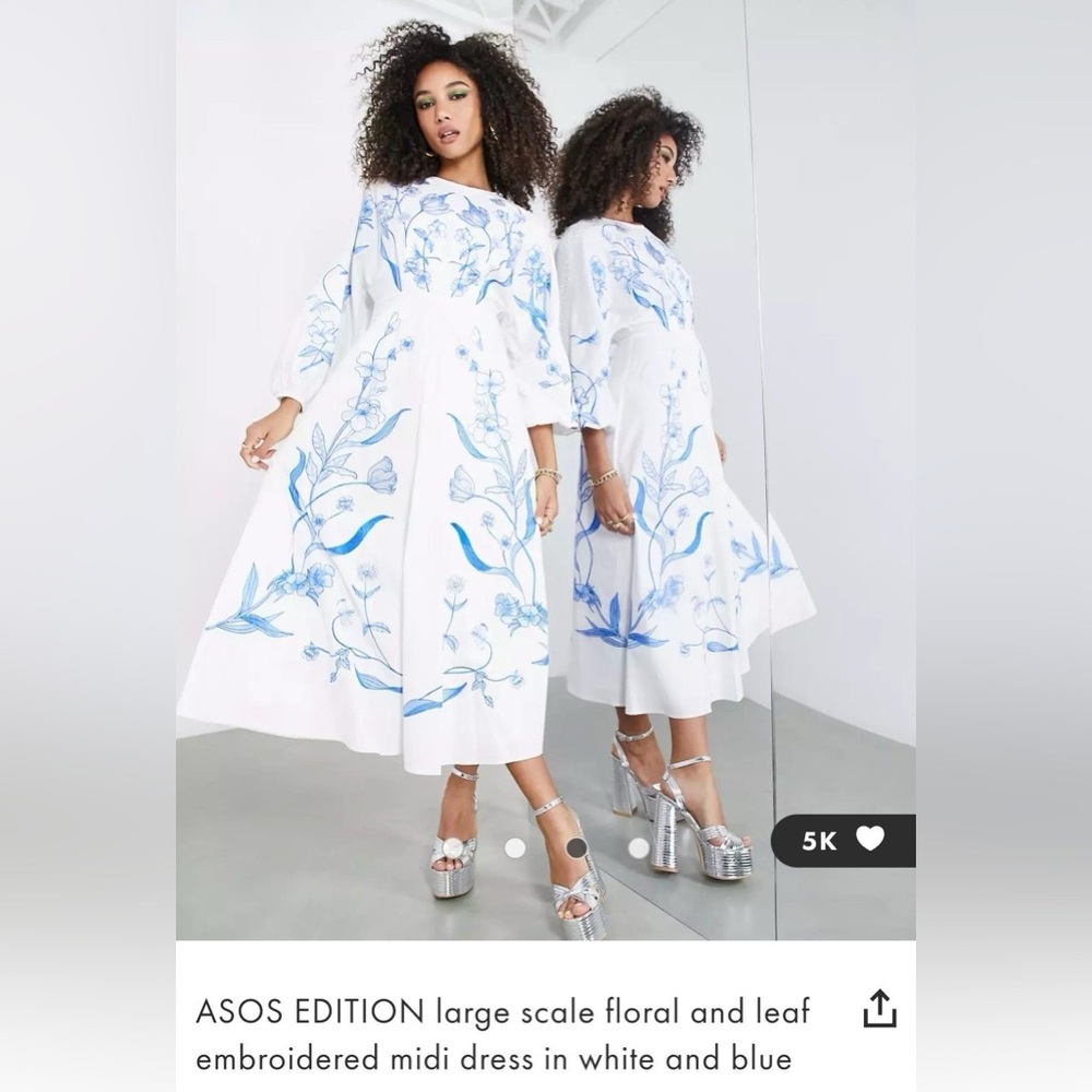 ASOS White and Blue A-Line Midi Dress with Bateau Neckline